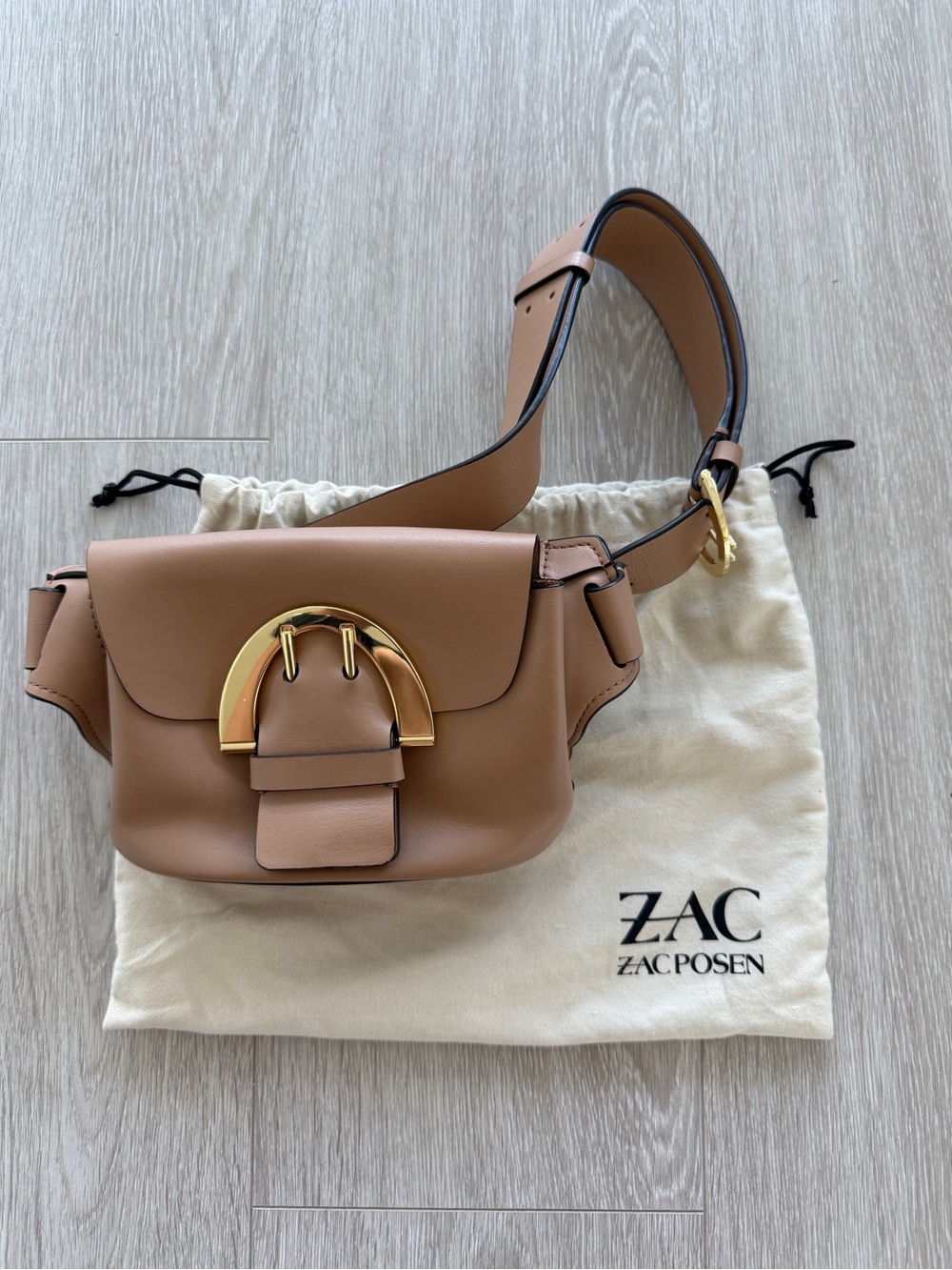 ZAC Zac Posen Tan Leather Crossbody Belt Bag with Gold Buckle